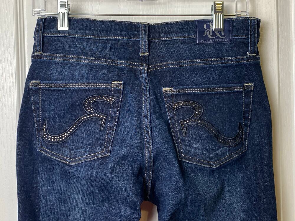 Rock & Republic Women's Kasandra Dark Wash Studded "R" Bootcut Jeans Size 8